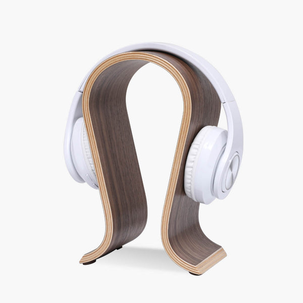 walnut headphone stand with headphones