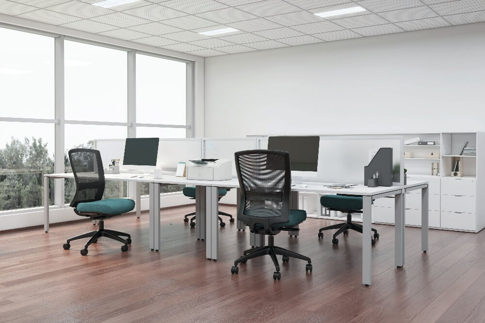 office fit out with four green chairs and four desks